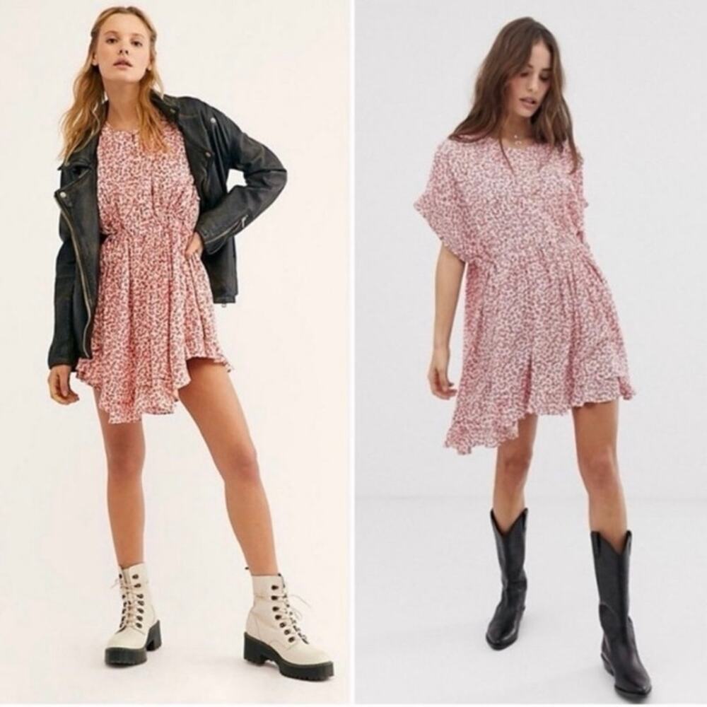 🌟FREE PEOPLE Sz XS One Fine Day Oversized Mini Dress Cream Red Ditsy Floral